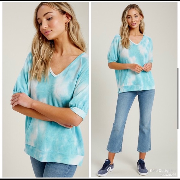 Teal Tie-Dye French Terry kangaroo pocket top - Picture 4 of 8